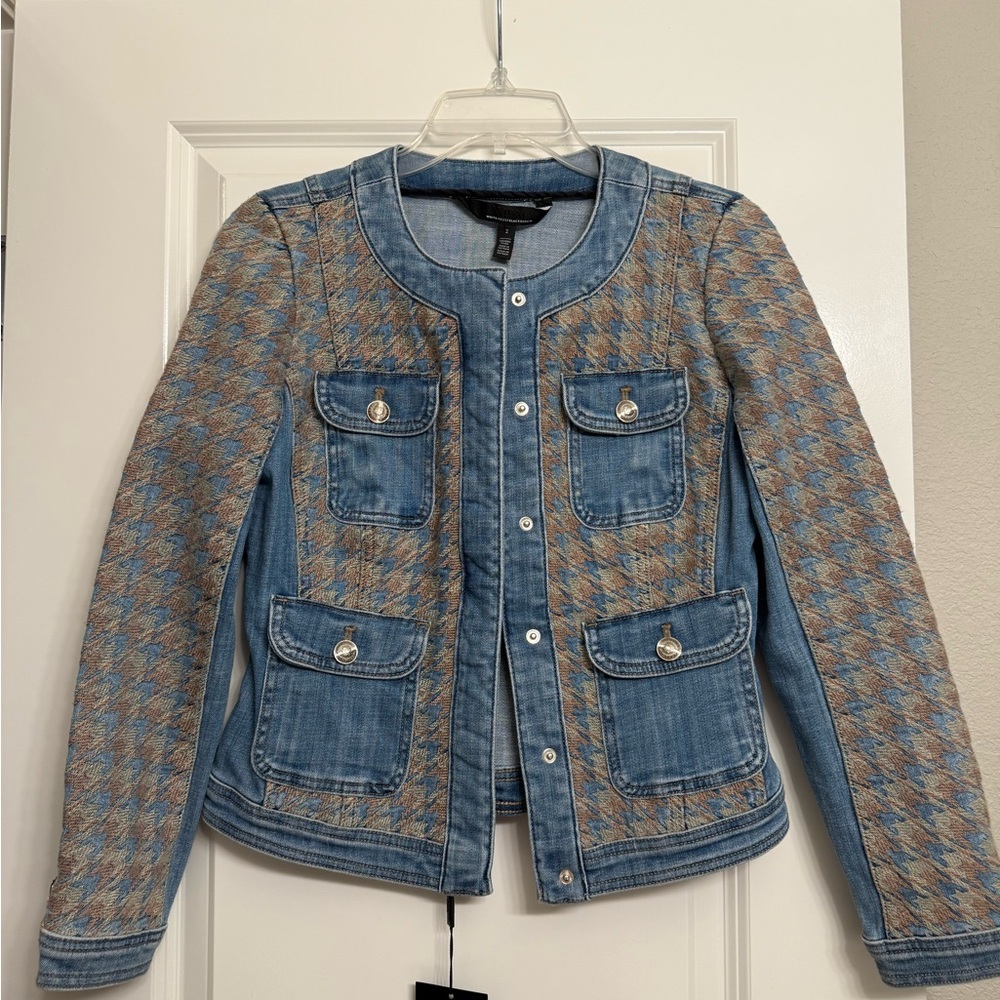 White House Black Market Blue and Tan Jean Jacket